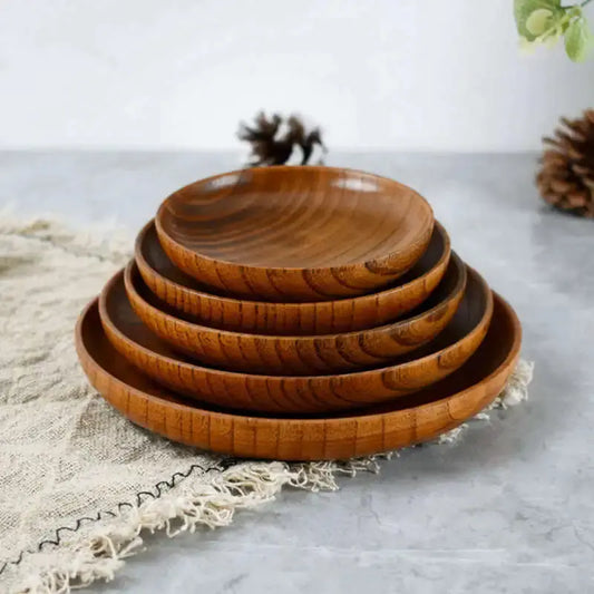 10.5-17.5cm Durable Acacia Wood Round Solid Wood Dinner Plates Fruit Dishes Saucer Tea Tray Dessert Fruit Plate Tableware TrendByWens