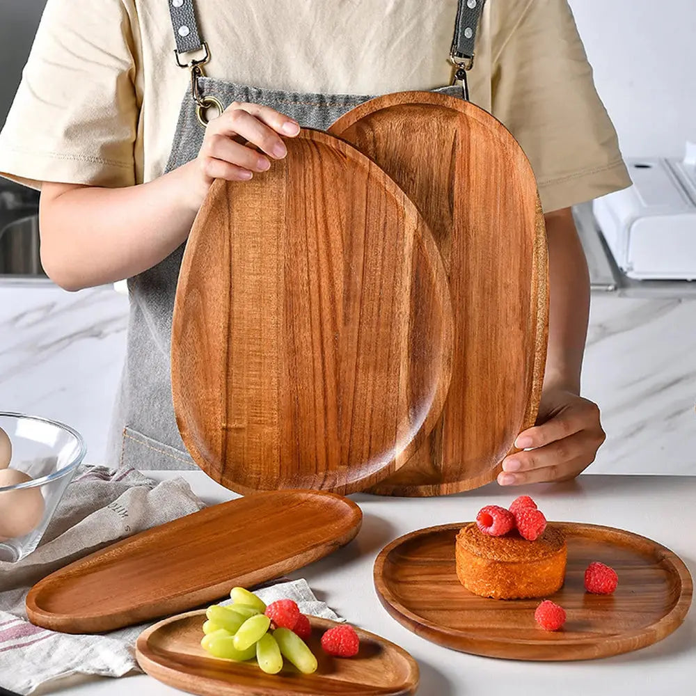 1Pc Oval Tray Food Serving Plate Acacia Wood Snack Deseert Plate Teaboard Natural Tea Food Server Dishes Drink Platter TrendByWens