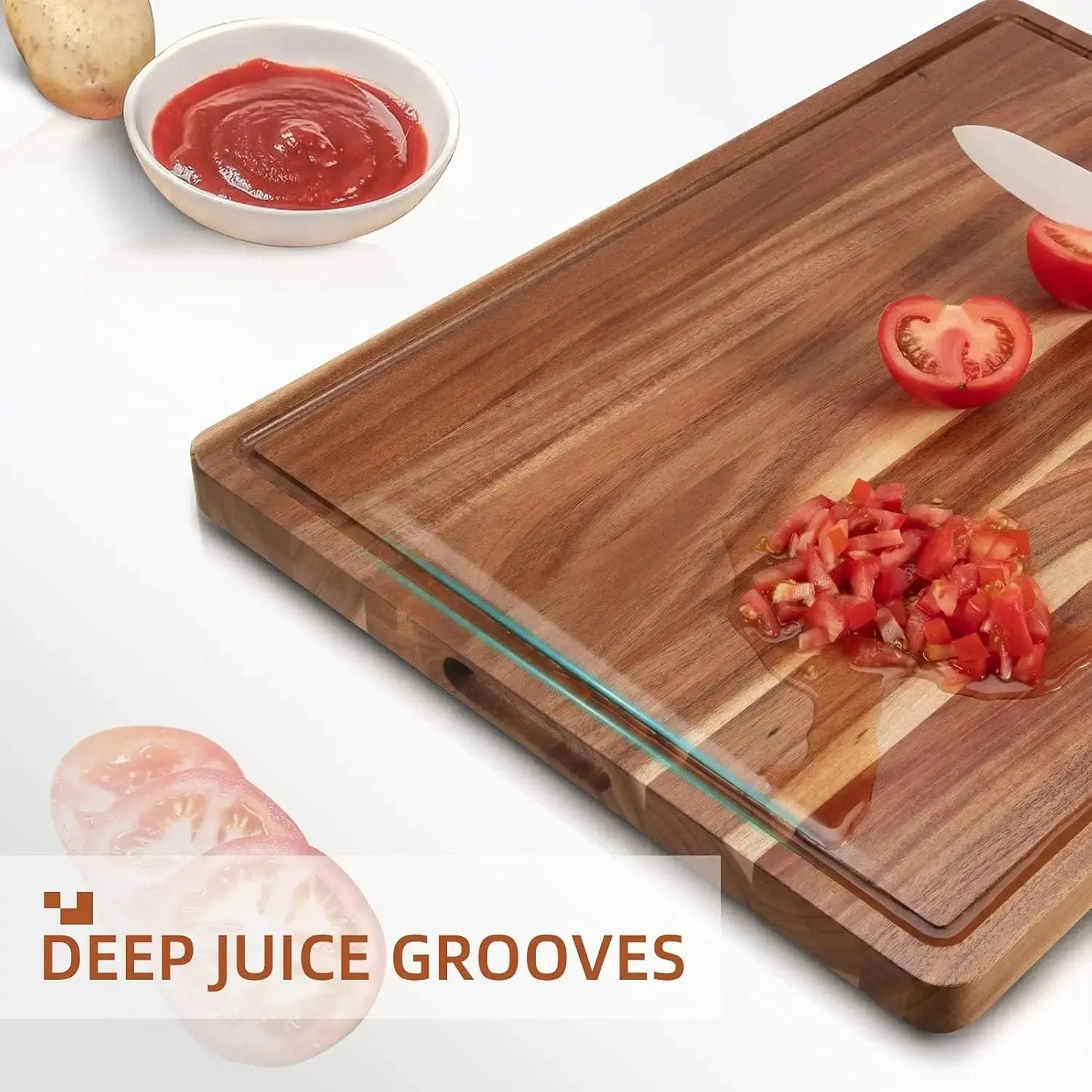 Acacia Wooden Cutting Board For Kitchen Thick Chopping Board With Side Handles & Water Grooves, Butcher Block Cutting Board TrendByWens