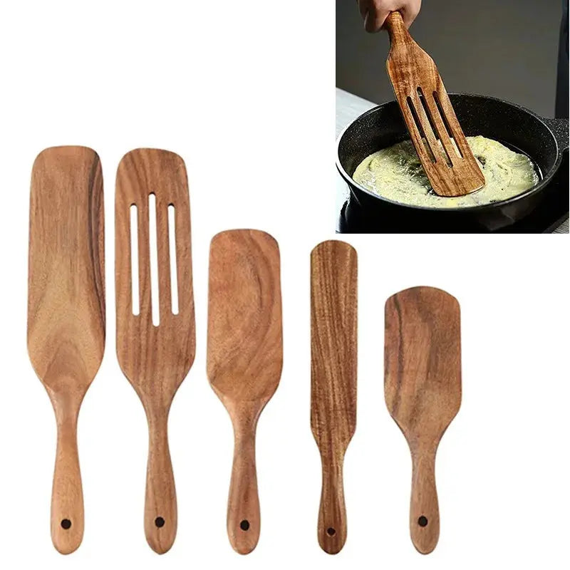 Wooden Cooking Tools Set 5PCS Teak Wood Non-Stick Heat Resistant Spatula Spoon Kitchen Tools for Cooking Serving and Stirring TrendByWens