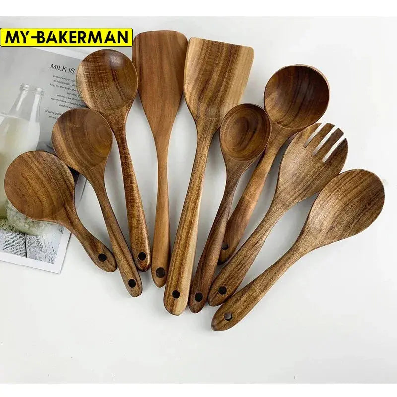 1-9pcs/set Teak natural wood tableware spoon colander spoon special nano soup skimmer cooking spoon wooden kitchen tool kit TrendByWens