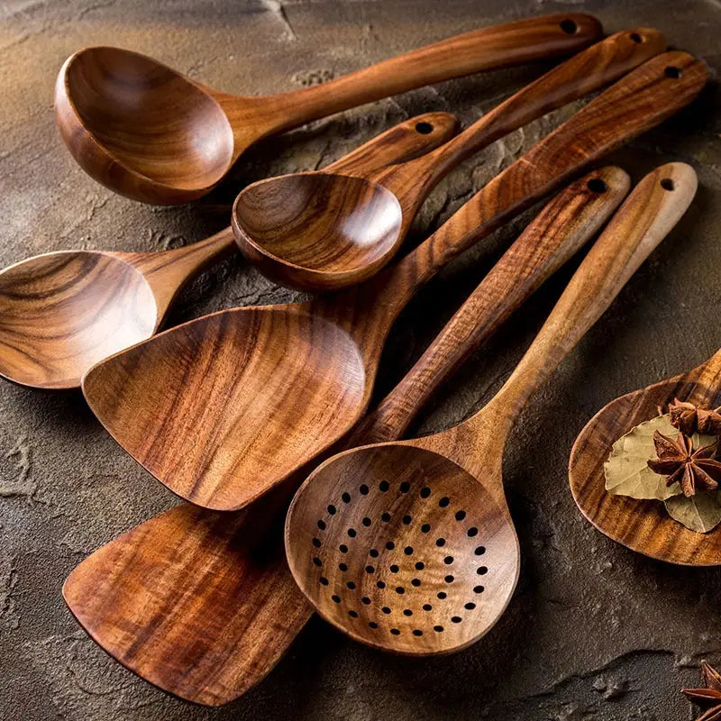 1-9pcs/set Teak natural wood tableware spoon colander spoon special nano soup skimmer cooking spoon wooden kitchen tool kit TrendByWens