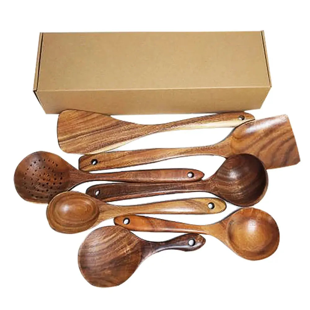 1-9pcs/set Teak natural wood tableware spoon colander spoon special nano soup skimmer cooking spoon wooden kitchen tool kit TrendByWens