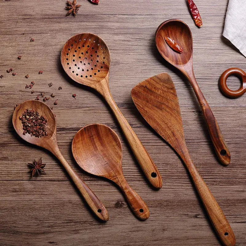 1-9pcs/set Teak natural wood tableware spoon colander spoon special nano soup skimmer cooking spoon wooden kitchen tool kit TrendByWens