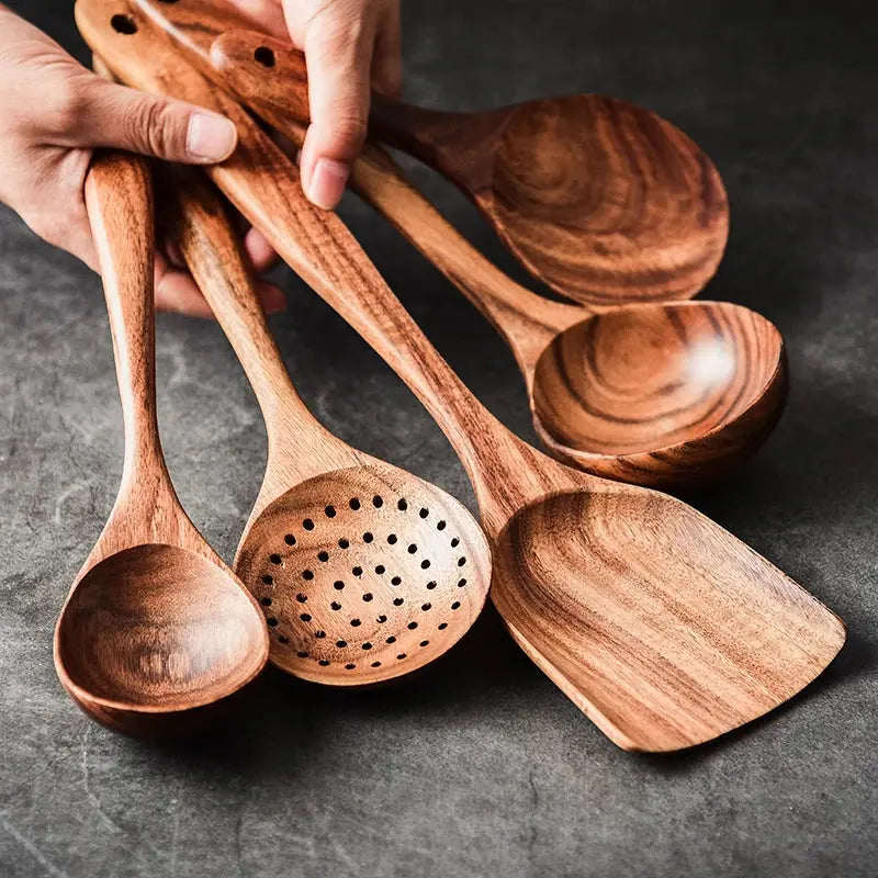 1-9pcs/set Teak natural wood tableware spoon colander spoon special nano soup skimmer cooking spoon wooden kitchen tool kit TrendByWens