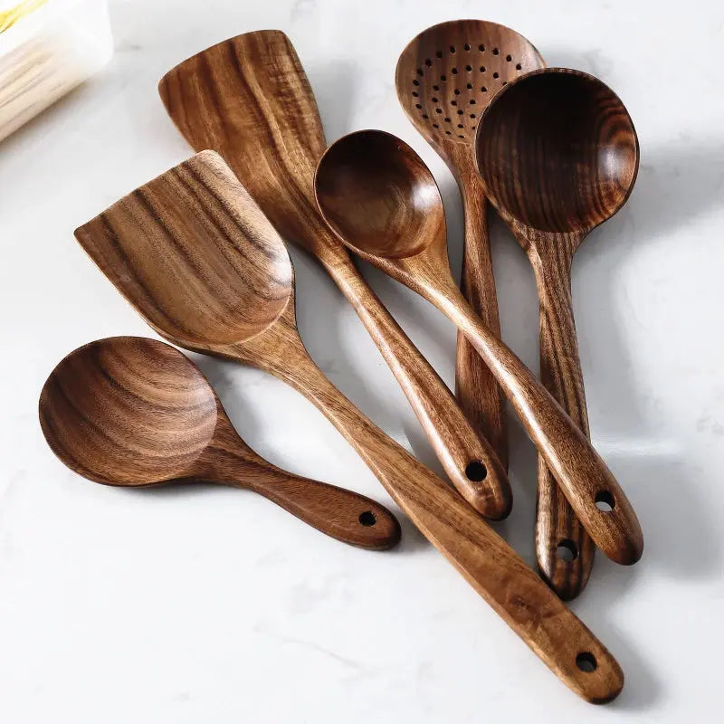 1-9pcs/set Teak natural wood tableware spoon colander spoon special nano soup skimmer cooking spoon wooden kitchen tool kit TrendByWens